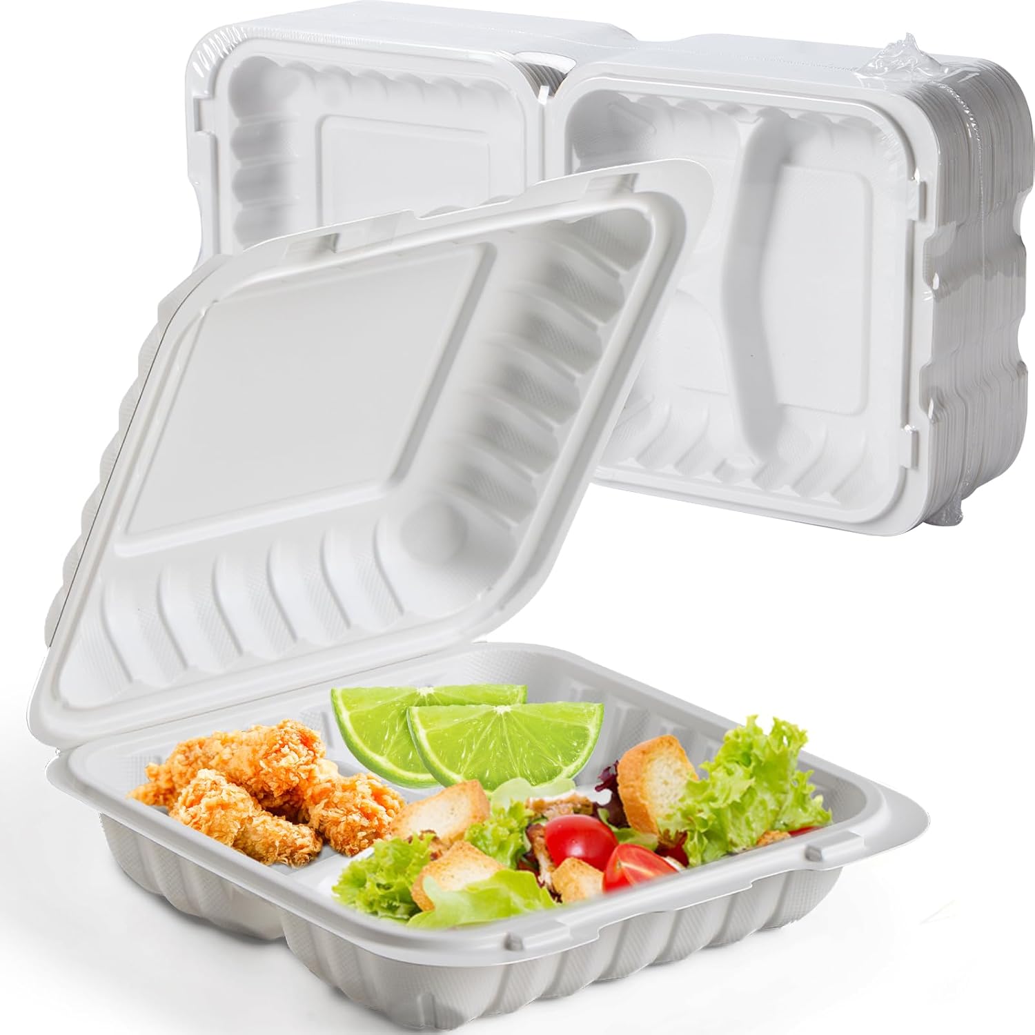 Food Containers 7.8" 30 oz 65 Pack - BPA Free Mineral Filled PP Plastic | 3 Compartment Shrink Wrap Clamshell Stackable | Reusable Freezer & Microwave Safe | White Commercial Takeout Boxes