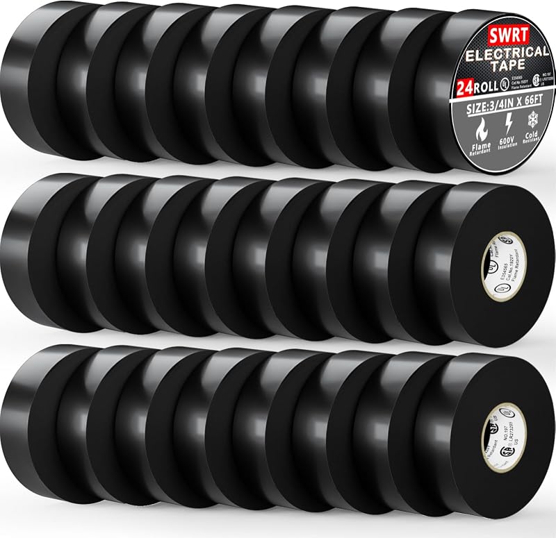 SWRT 24 Pack UL/CSA Electrical Tape 0.75" x66FT Flame Retardant | 12-Pack. 7 mils thick. Industrial grade. Strong adhesive. UL/CSA certified. Ideal for pro & home electrical repairs.