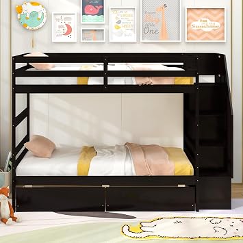 GIANTEX Bunk Bed Twin Over Twin with Storage Stairs & Drawers, Solid Wood Bunk Bed with Full-Length Guardrails, Convertible to 2 Beds, Versatile Bunk Beds for Kids Teens Adults, Espresso