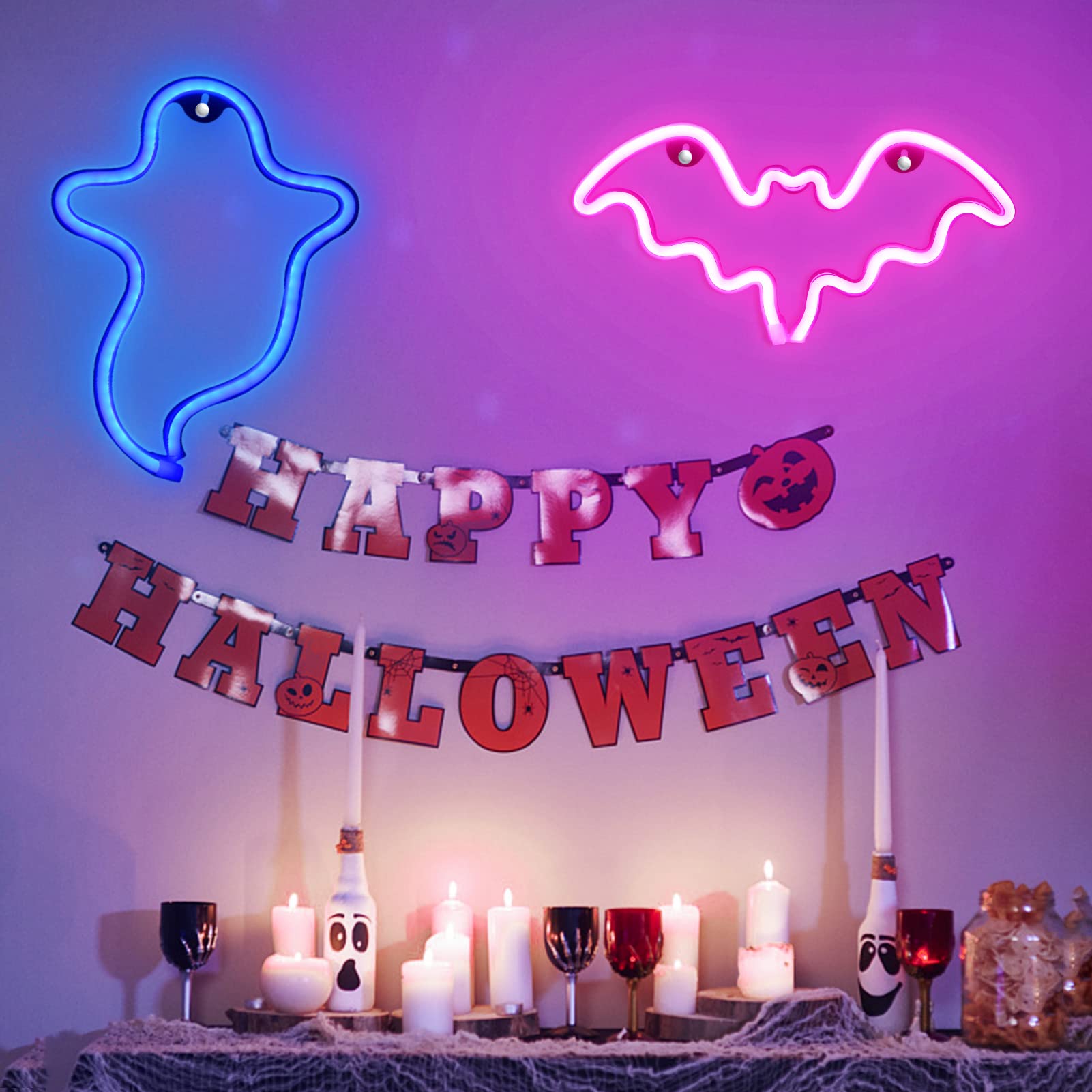 PhantasyStar Neon Lights for Bedroom, 2 Pack Halloween Bat, Ghost Shape LED Neon Decorative Light Night Lights, Indoor Neon Sign Decor for Home, Birthday, Party, Halloween, Christmas