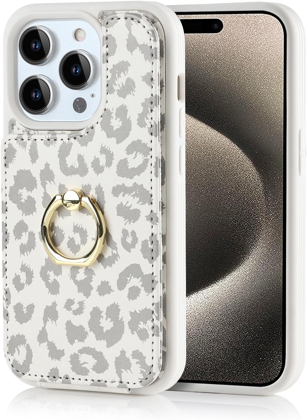 for iPhone 15 Pro Max Case with Card Holder,Credit Card Holder,Ring Stand Kickstand,Shockproof Cute Phone Wallet Case for Women (6.7 inch,White Leopard) - Image 9