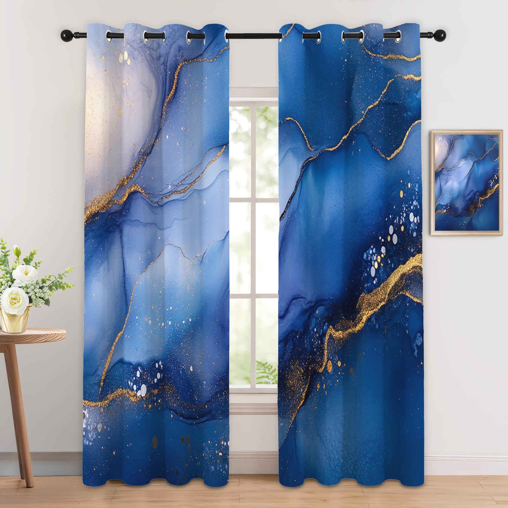 Luxfieo Marble Blackout Curtains for Living Room Bedroom - 108 Inch Drop Curtains 90x108, Blue and Gold Luxury Abstract Patterned Window Treatments, Thermal Eyelet Drapes 2 Panels