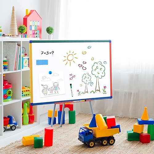 Miniatura 2 de Pizarra blanca magnética de borrado en seco con soporte para caballete de niños, pizarra giratoria para caballete de aula, pizarra blanca con