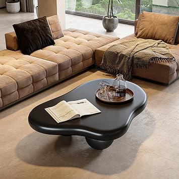 Modern Cloud Coffee Table with 3 Round Legs Irregular Shaped Coffee Tables Cream Cute Free Shape Center Table for Living Room Small Space,Black,46.06 in