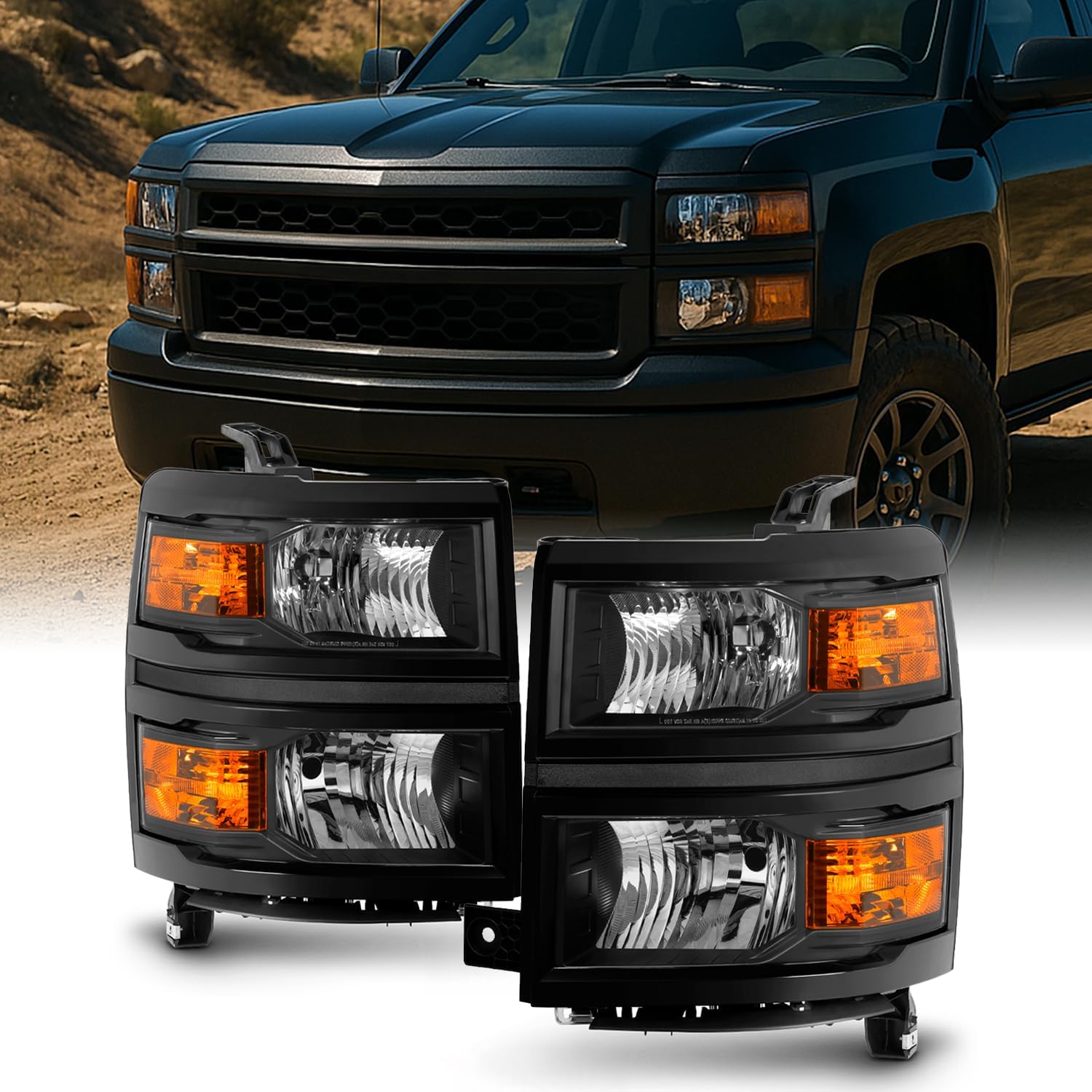 AKKON For 2014 2015 Chevy Silverado 1500 Pickup Truck Black Bezel Headlight Lamp Assembly Driver + Passenger Side
