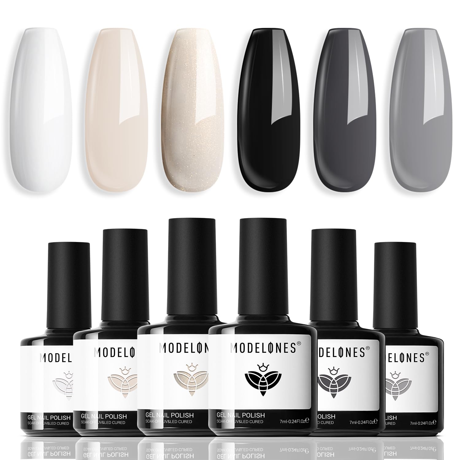 Modelones Gel Nail Polish Set, 6 Colors White Black Gel Polish Milky White Neutral Nude Grey Glitter Nail Polish Kit Soak Off Nail Art Manicure DIY Salon for Women