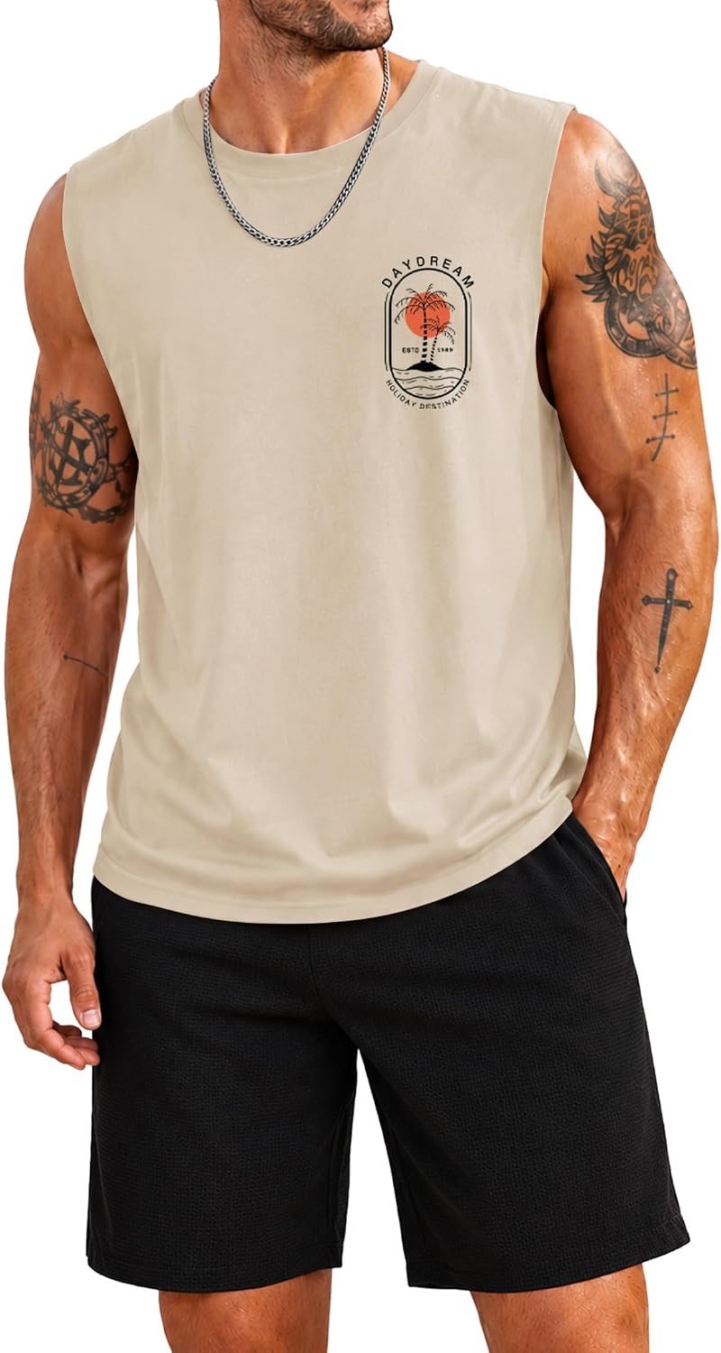 Mens Beach Summer 2 Piece Sets Palm Tree Vacation Tropical Graphic Tank Tops and Waffle Shorts Outfits (S-XXL)
