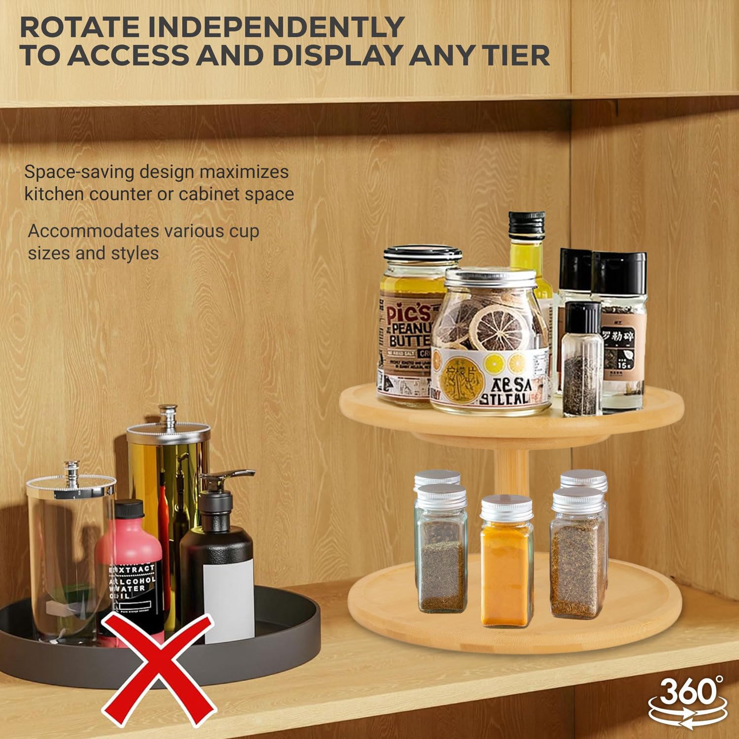 ORIDOM Bamboo Lazy Susan Turntable - 2-Tier Spice & Condiment Organizer (10 Inch Diameter)