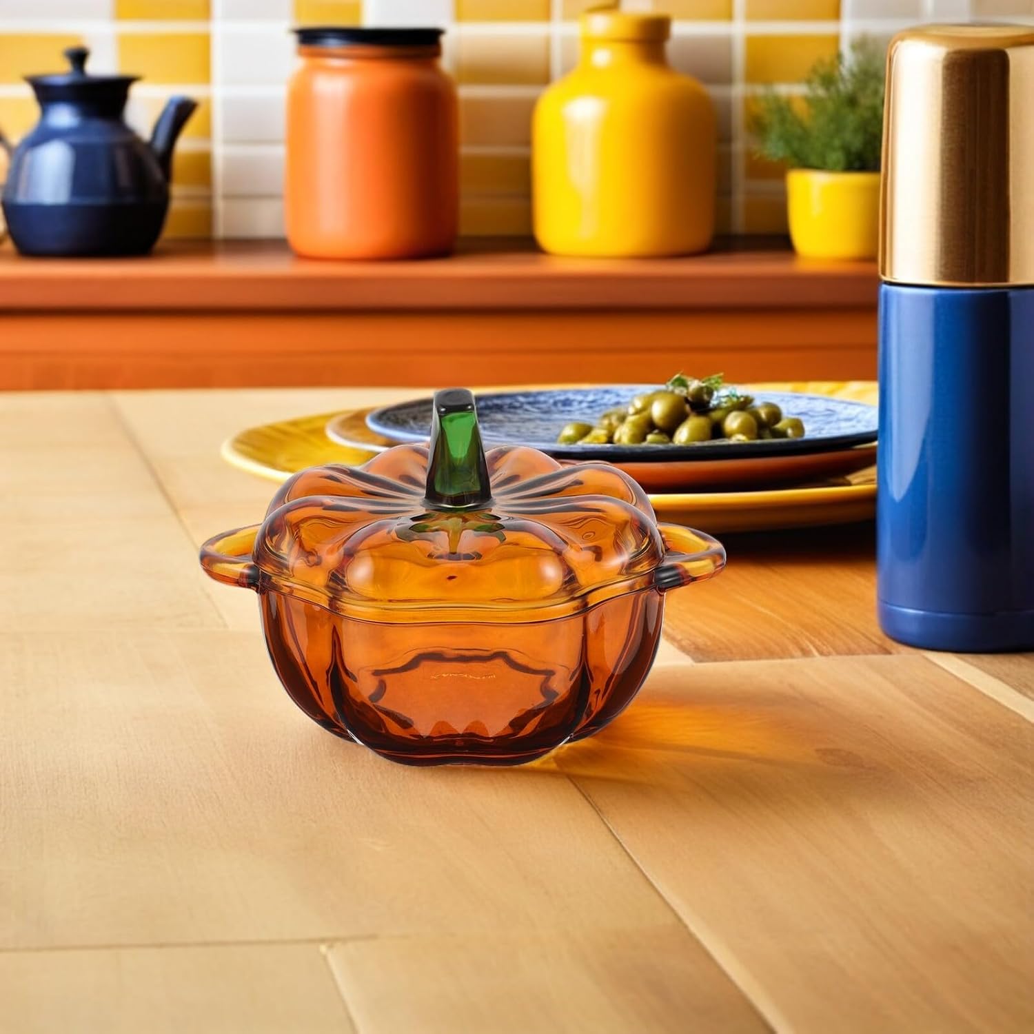Orange Glass Pumpkin Candy Jar Decorative Storage with Lid