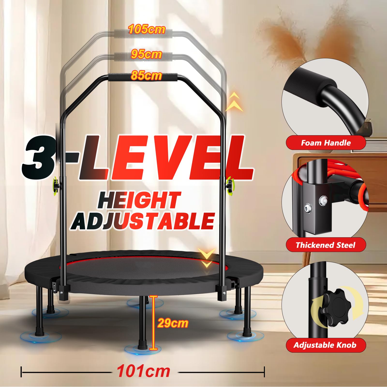 Trampolina fitness, składana, 101 cm, z uchwytem mocującym, mini trampolina z 30 linami bungee, cicha i przyjazna dla stawów, uchwyt N z regulacją wysokości, 6 nóg – trampolina do domu i cardio