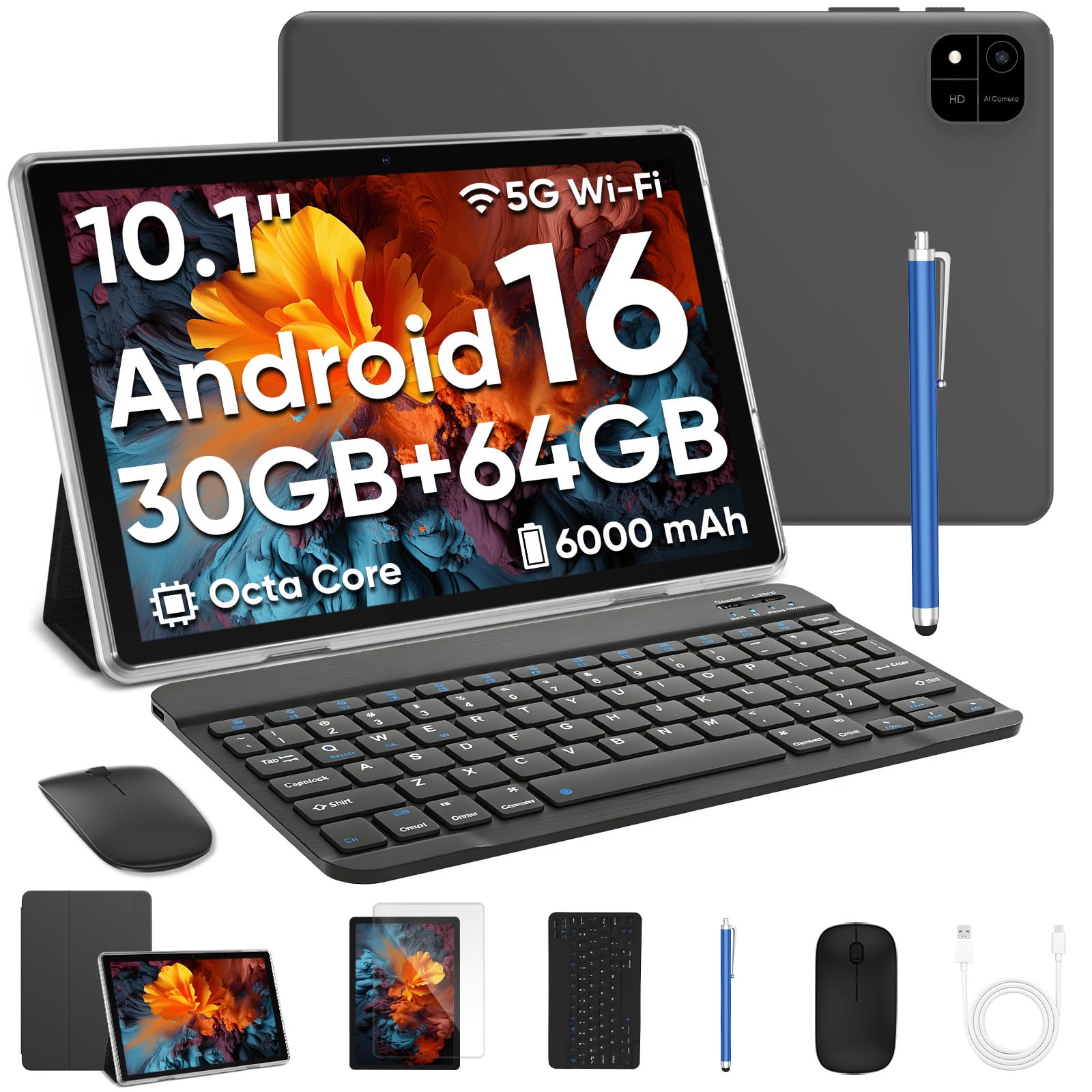 TUOHAITIME Android 16 Tablet 10 Zoll,24GB RAM+64GB ROM 1TB erweiterbar Tablet,Bildschirmauflösung 1280p,Unisoc T606 Octa-Core Prozessor,WiFi 6/Dual-Kamera/Face ID/GPS/6000mAh Akku (Schwarz)