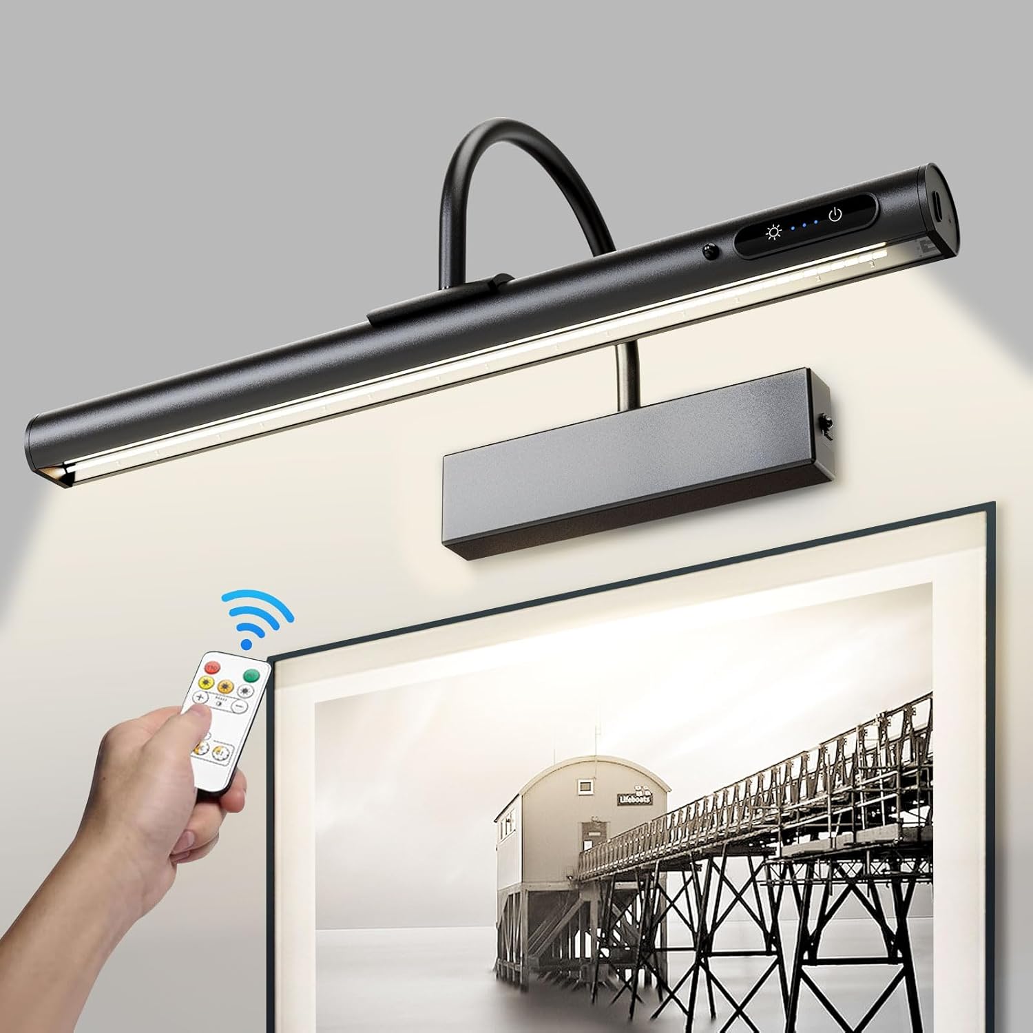 Matte Black Picture Light for Wall, Rechargeable LED Art Light with Remote & Touch Control, Dimmable & 3 Color, Magnetic Cordless Battery Wall Sconces for Painting Frame Gallery Dartboard Decor
