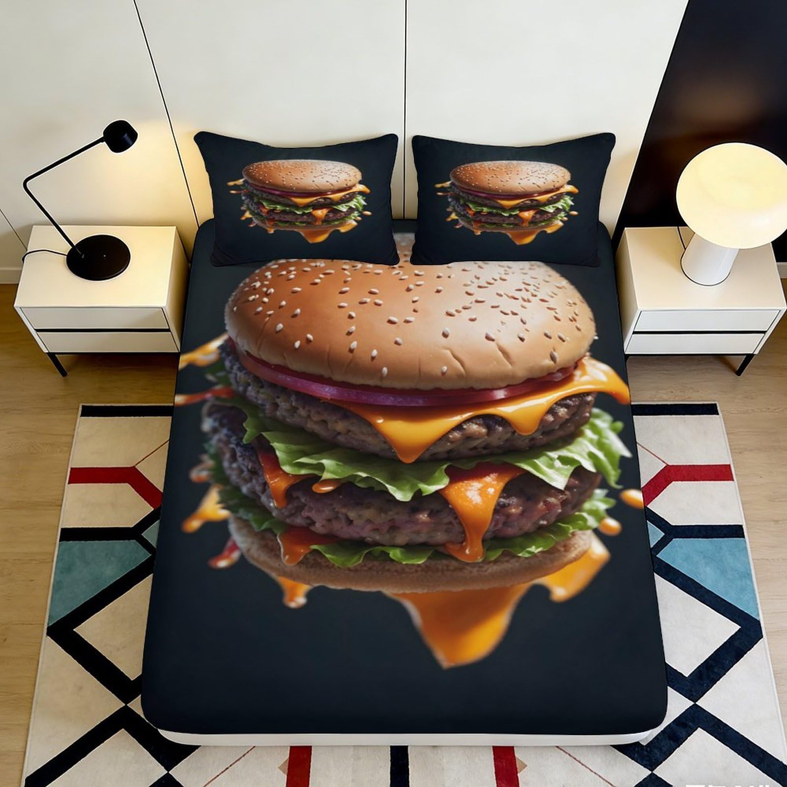 3D Printed Juicy Cheeseburger Fitted Sheet Microfiber Soft Colorful Hamburger Bed Cover for Bedroom Guest Room Dorm Mattress Protection 140x200x25cm