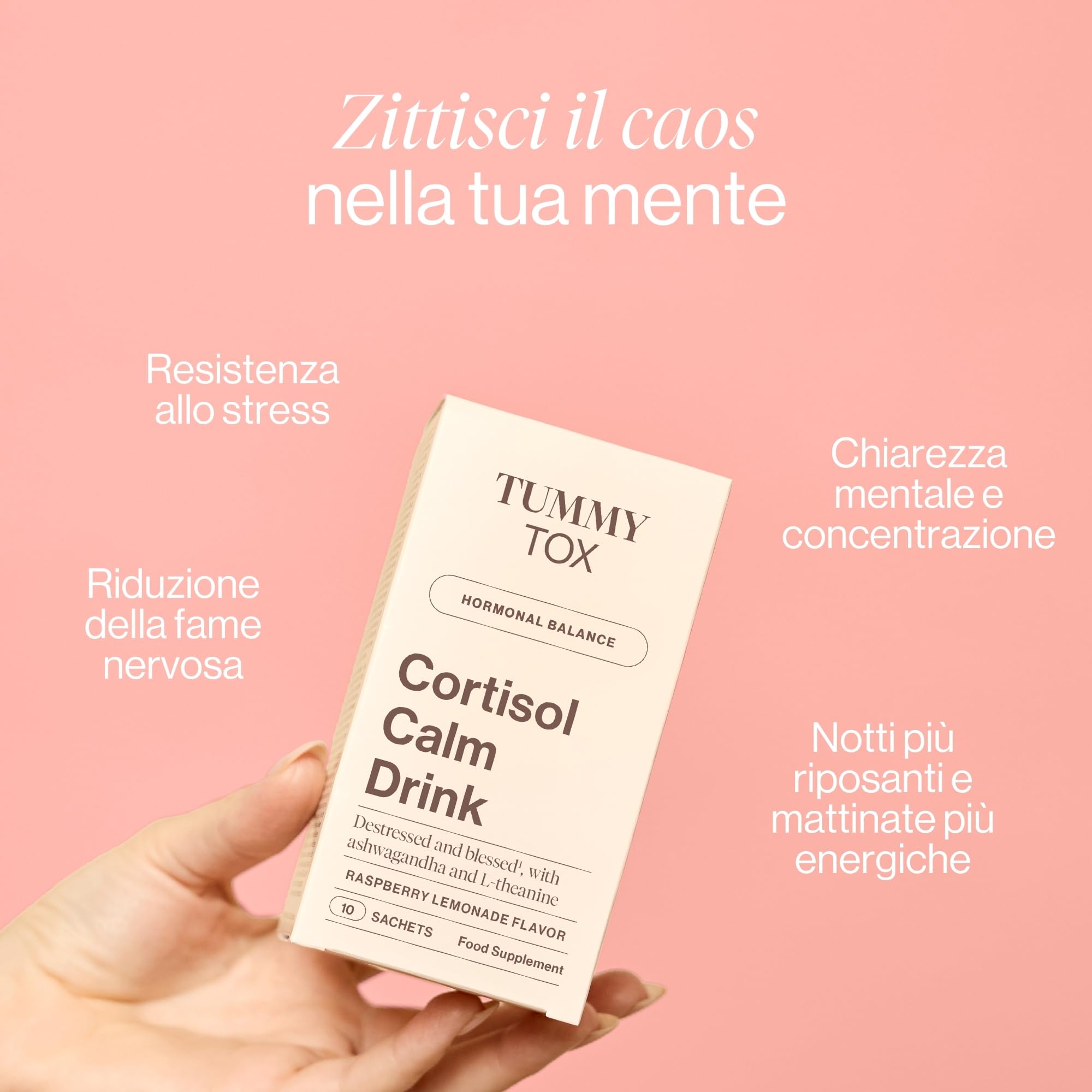 Cortisol Calm Drink con Ashwagandha KSM-66, L-Teanina, Tè Verde, Magnesio, Integratore per abbassare il cortisolo, 30 bustine, Tummy Tox