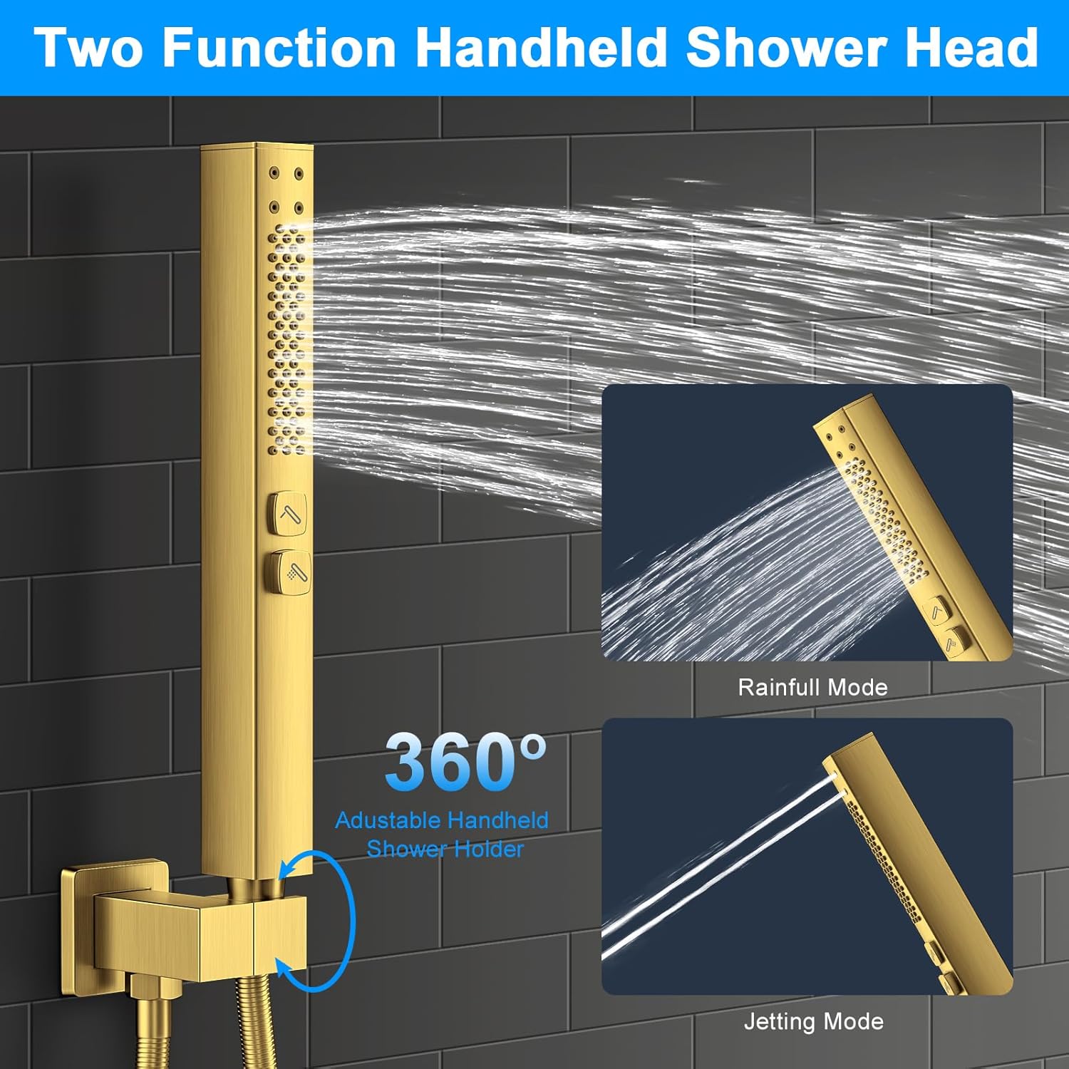 Shower Faucet Set, 3-Setting Push Button Brushed Gold Shower System, 12 Inch Ceiling Mounted Shower Head, 6 Inch Wall Mounted Rain Shower Head with 2 in 1 Handheld Spray, Shower Valve Trim Kit