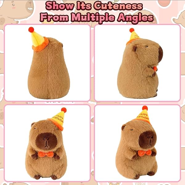 Capybara Plush 25cm Soft Stuffed Animal with Birthday Hat, Adorable Capybara Teddy Toy, Perfect Capybara Gift for Birthdays, Playtime, and Home Decoration - 4