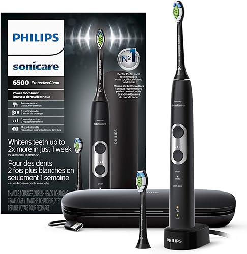 Philips Sonicare Cepillo de dientes eléctrico recargable ProtectiveClean 6500 con estuche de viaje de carga y cabezal de cepillo adicional, negro