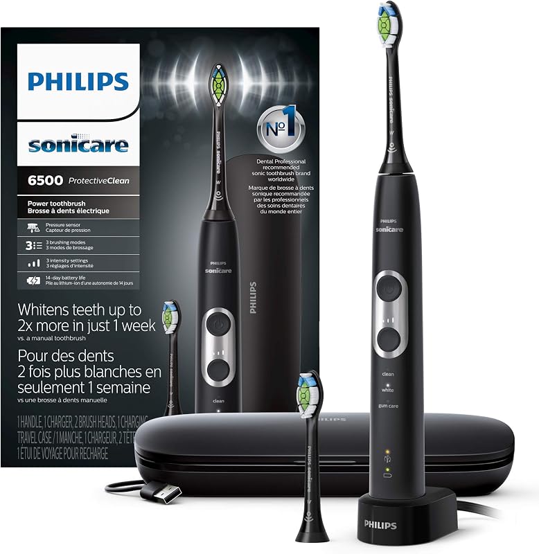 ProtectiveClean 6500 Rechargeable Electric Toothbrush | 700% More Plaque Removal¹, Pressure Sensor, 6 Brush Settings, 14-Day Battery, 2 Brush Heads, Travel Case, Black, HX6462/08
