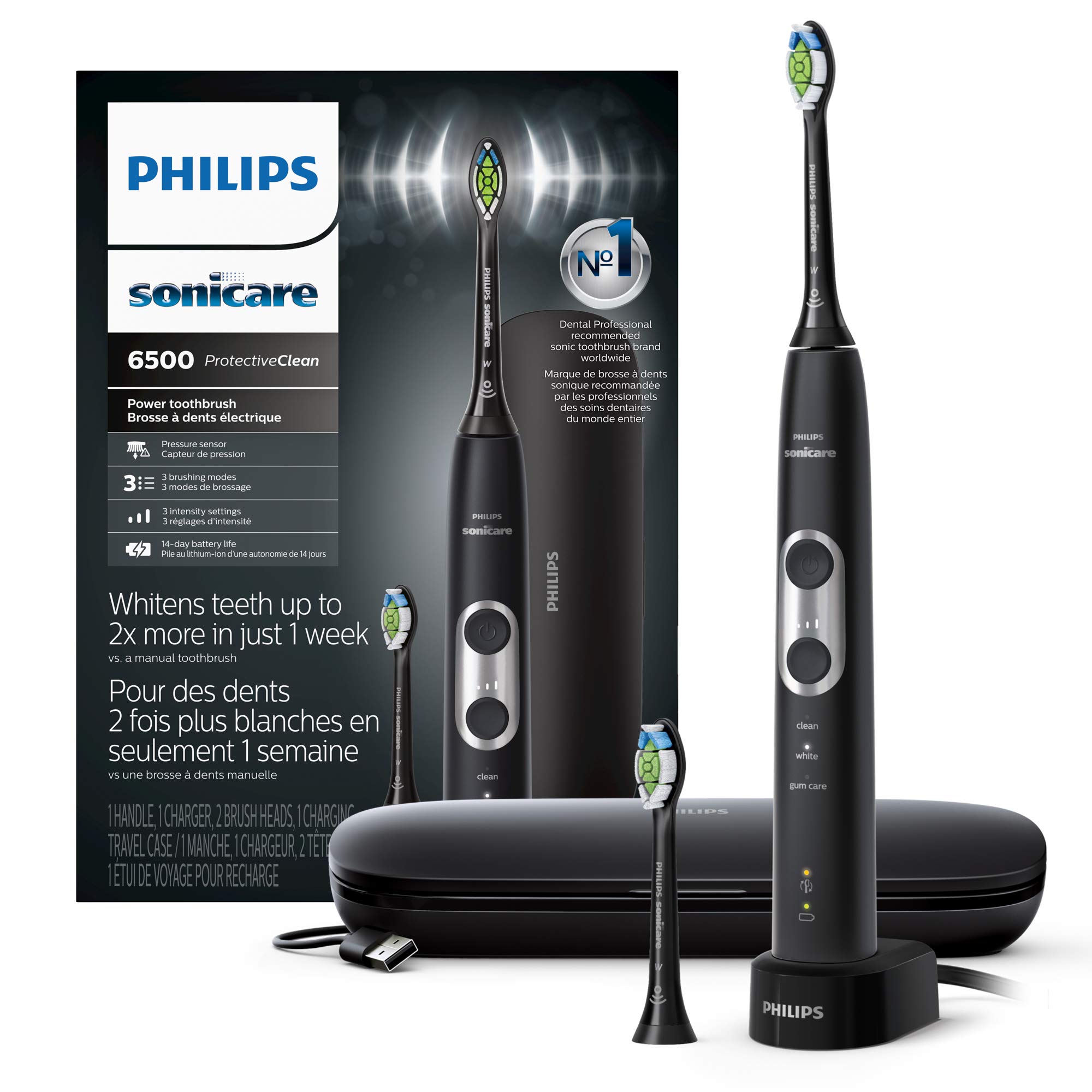 Photo 1 of Philips Sonicare ProtectiveClean 6500 Rechargeable Electric Toothbrush, with Pressure Sensor, 3 Cleaning Modes, SmarTimer and QuadPacer, 14-Day Battery Life, Charging Travel Case, Black, HX6462/08