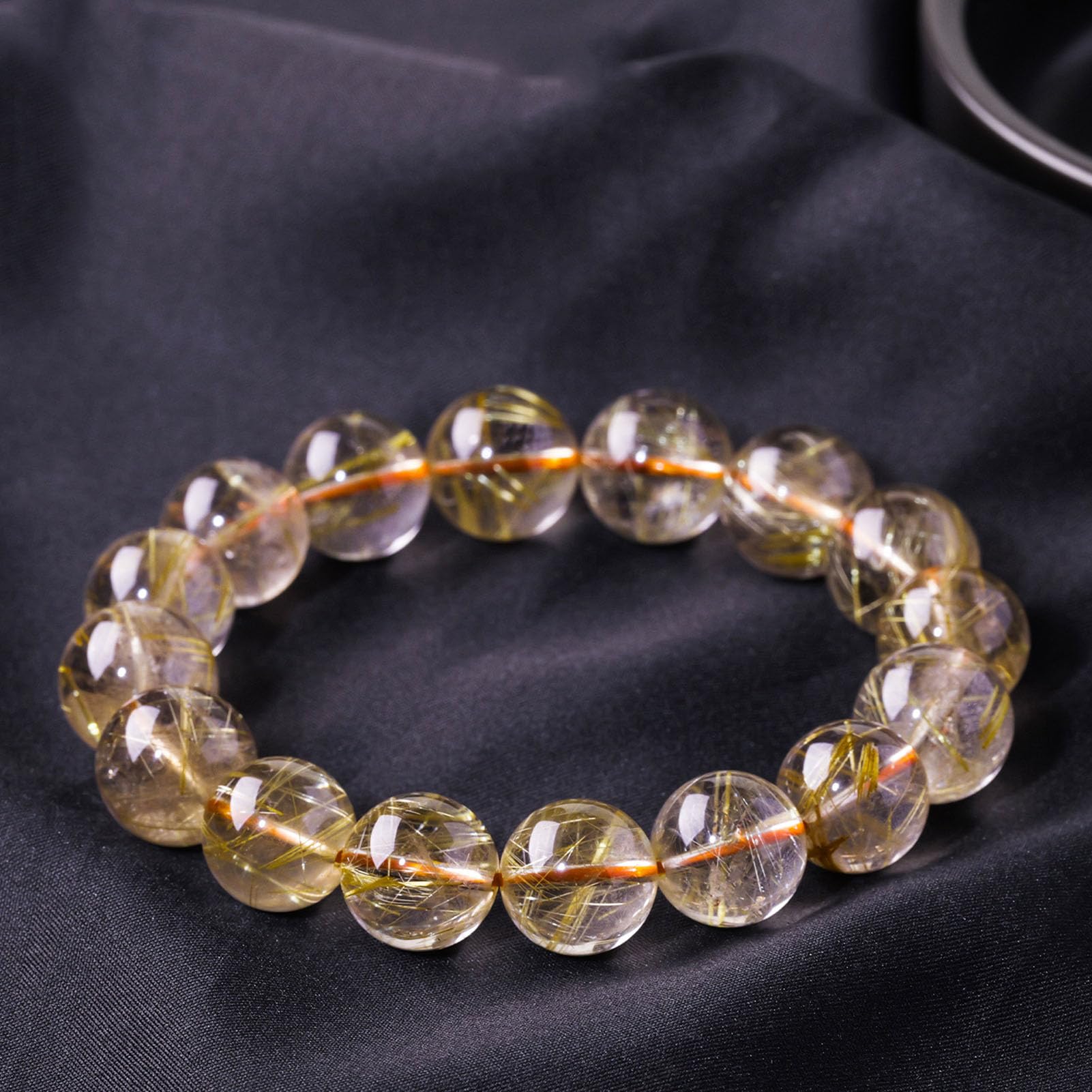 Natürliches goldenes Rutilquarz- und Hämatit-Edelstein-Stretch-Armband | Gelber Farbstein, runde Form, glatt geschliffener Stein, Heilenergie-Armband, handgefertigter Schmuck