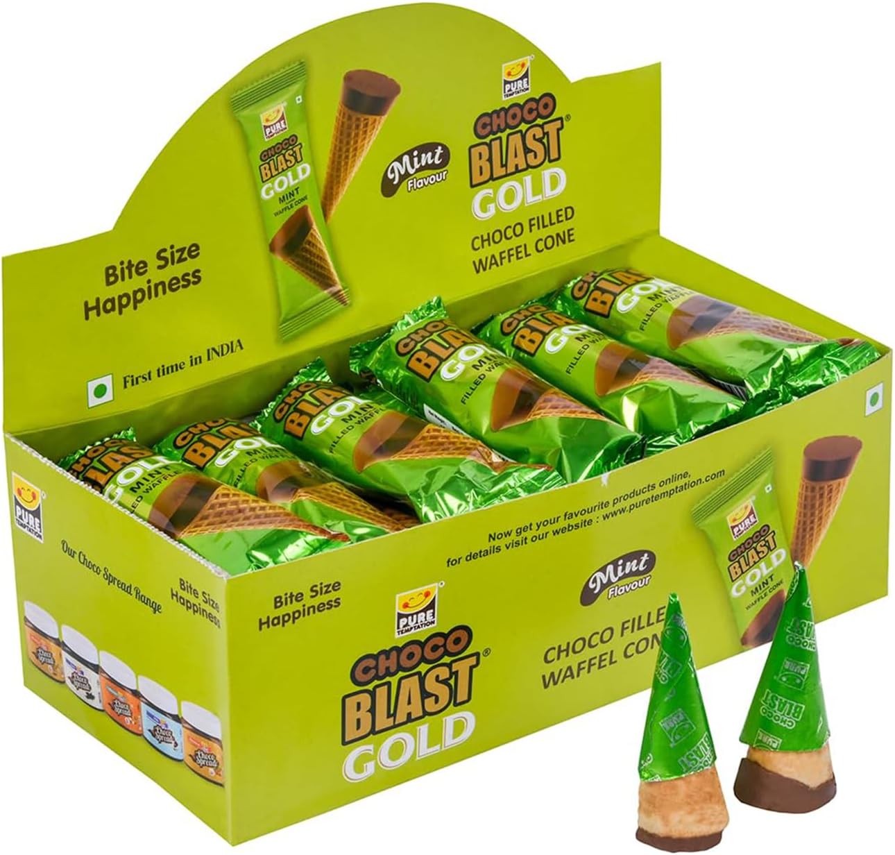 Pure Temptation Chocoblast Mint Chocolate Flavoured Waffle Cone - Premium Chocolates For Kids Gift Pack - 20 Pcs - Dispenser Pack - Birthday Party Chocolate Gift Box For Girls And Boys,440 Gm