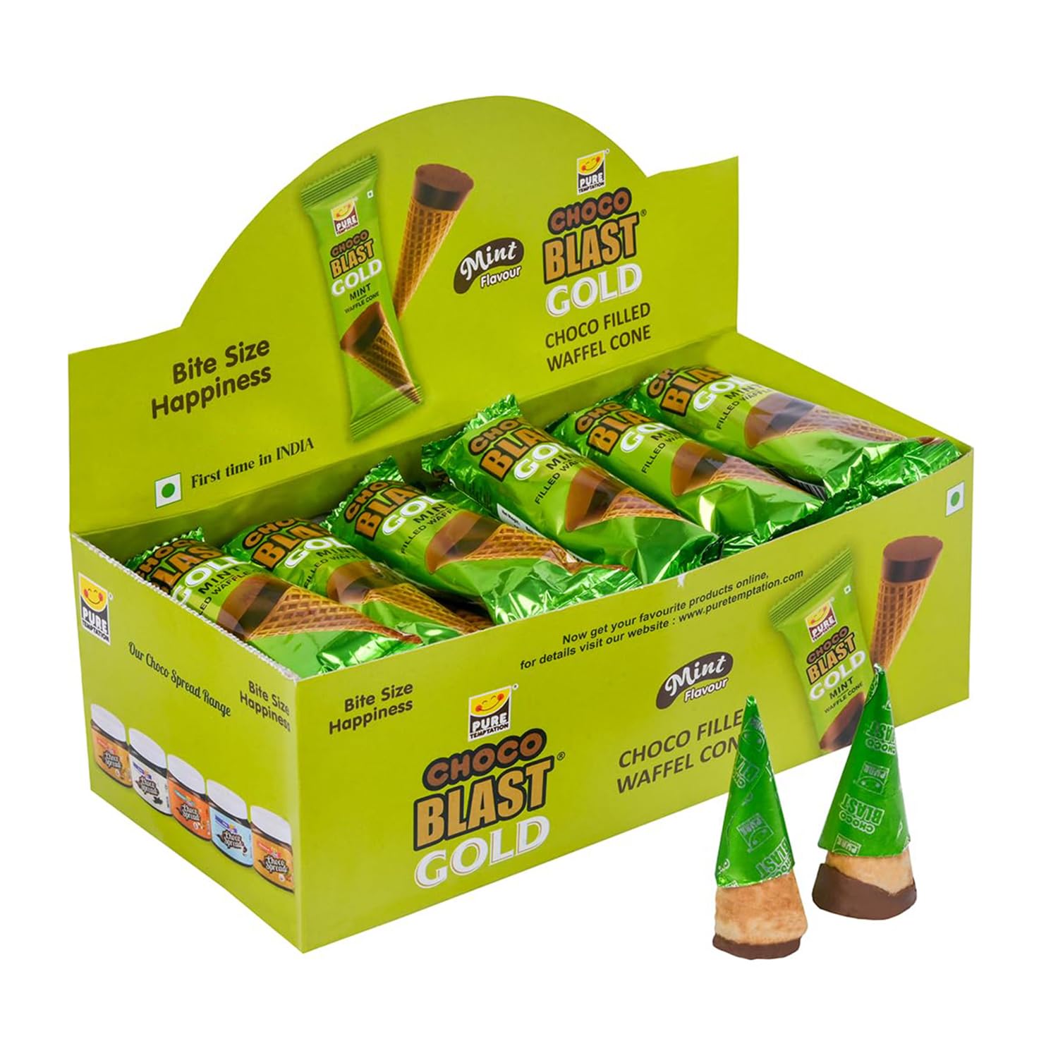 Pure Temptation Chocoblast Mint Chocolate Flavoured Waffle Cone - Premium Chocolates For Kids Gift Pack - 20 Pcs - Dispenser Pack - Birthday Party Chocolate Gift Box For Girls And Boys,440 Gm