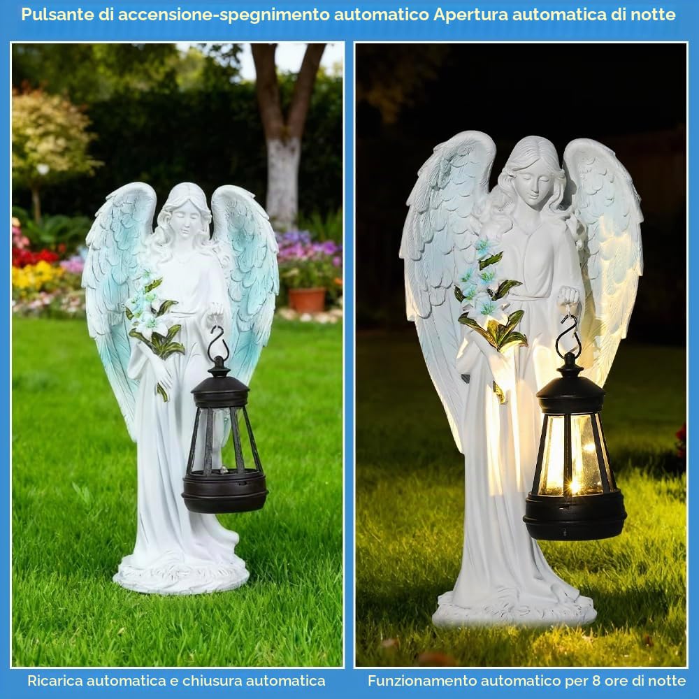 Statue da giardino a forma di angelo custode con lanterna solare a LED, decorazione per esterni, resistente alle intemperie, per cimitero, scultura d'angelo, giardino, terrazza, davanzale, 33