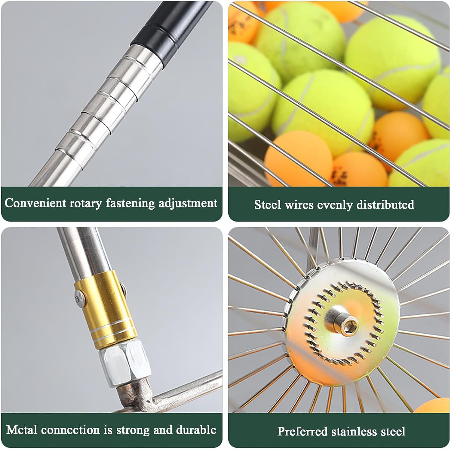 Rullo raccogli-palline da tennis, multifunzione, regolabile in altezza 43-122 cm, adatto per parchi, sessioni di pratica personale