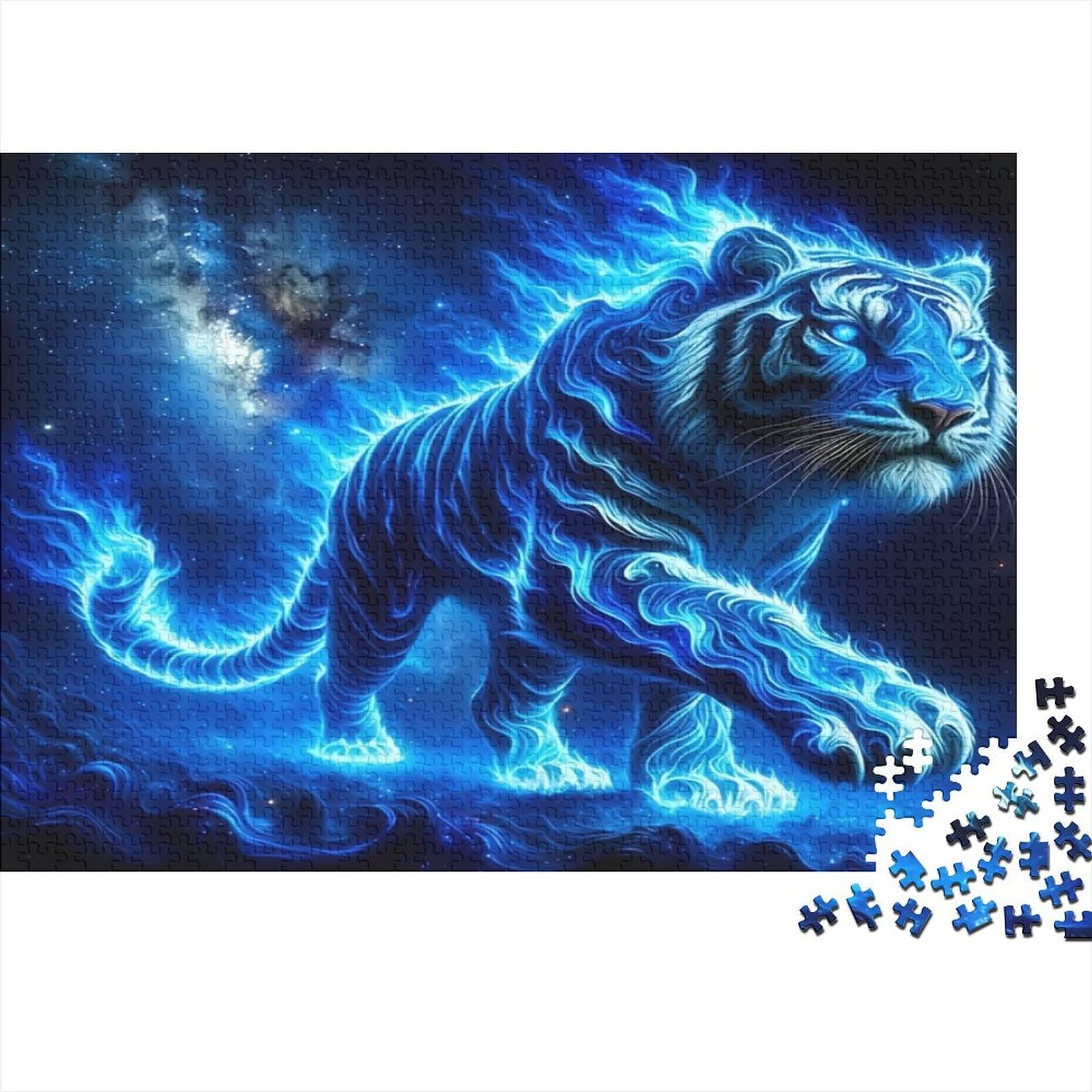 Blue Tiger Spirit 1000 Piece Puzzle Premium Cardboard Jigsaw Glowing Blue Tiger Adults Family Letters on Back Brain Training Home Decor Exclusive 52x38cm/1000pcs