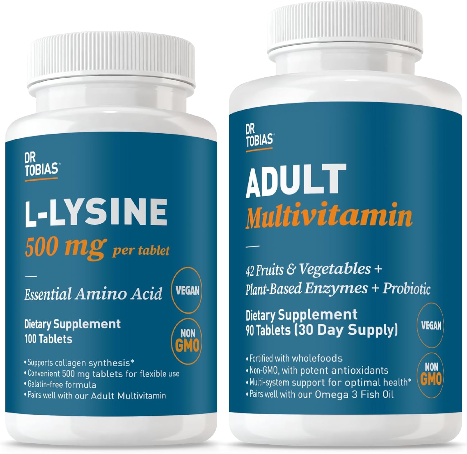 Dr. Tobias L‑Lysine 500 mg Tablets + Adult Multivitamin for Women & Men – Essential Amino Acid Support + Wholefood Vitamins for Immune, Gut & Energy Health