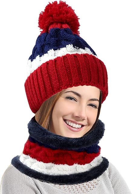 Hat and Scarf Set for Women, Thicken Winter Hat Knitted Crochet Beanie Hat Pompom Hat Cap Hemming Hats Circle Scarf with Fleece Lining for Ladies Outdoor Ski Snowboard Cycle (Red)