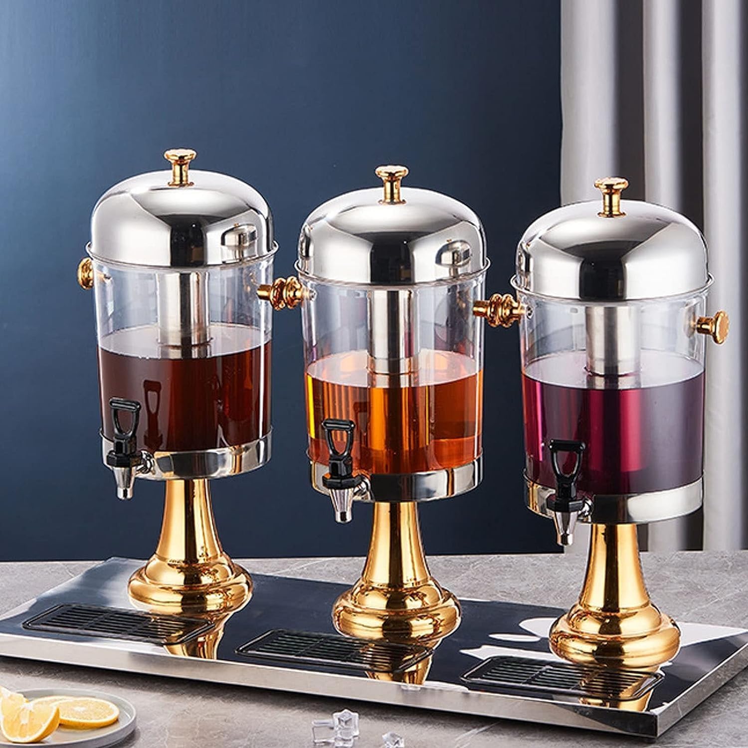 asdchZen Commercial Cold Drink Machine, Stainless Steel Juice Dispensers, Glass Beverage Dispensers Machine With Faucet, For Hot Or Cold Drinks,Gold-ThreeHead