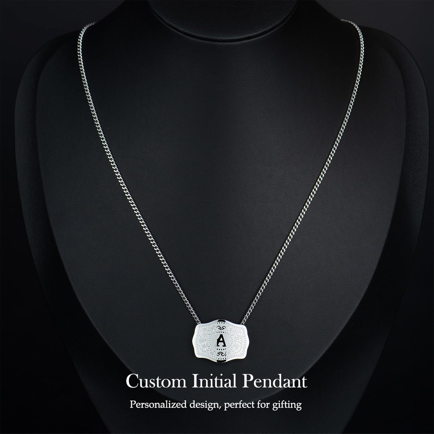 Rhodium-Plated Initial Letter Pendant Necklace with Embossed Belt Buckle, Western Cowgirl Initial Necklace for Women, Buy 1 Get 2 Chains, Personalized Jewelry Gift for Women and Men - Image 6