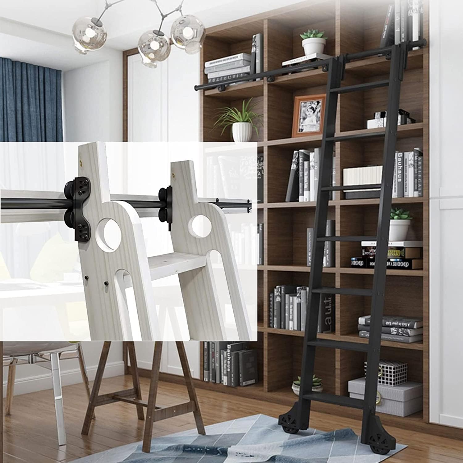 3.3ft-20ft Retractable Sliding Ladder Kit Mobile Ladder Library Track, Stand Up Rolling Ladder Full Set Hardware with Extention Track/Rail (No Ladder) (Size : 6.6ft/200cm Track Kit)