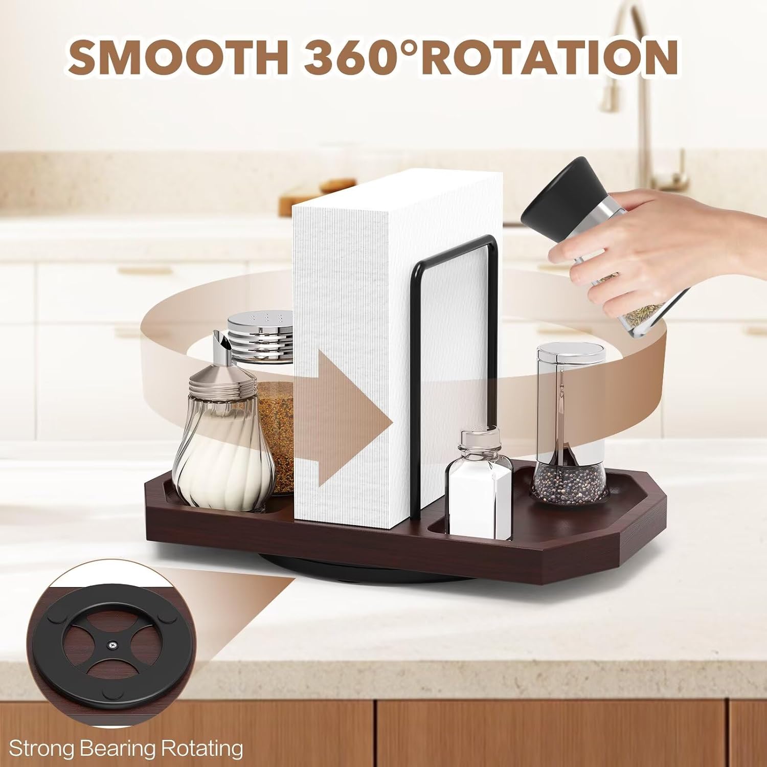 2 Pack Napkin Holder for Table, Rotating Napkin Dispenser with Salt and Pepper Shakers Storage, Standing Paper Napkin Organizer for Kitchen Dining Table Decor (2, Brown)