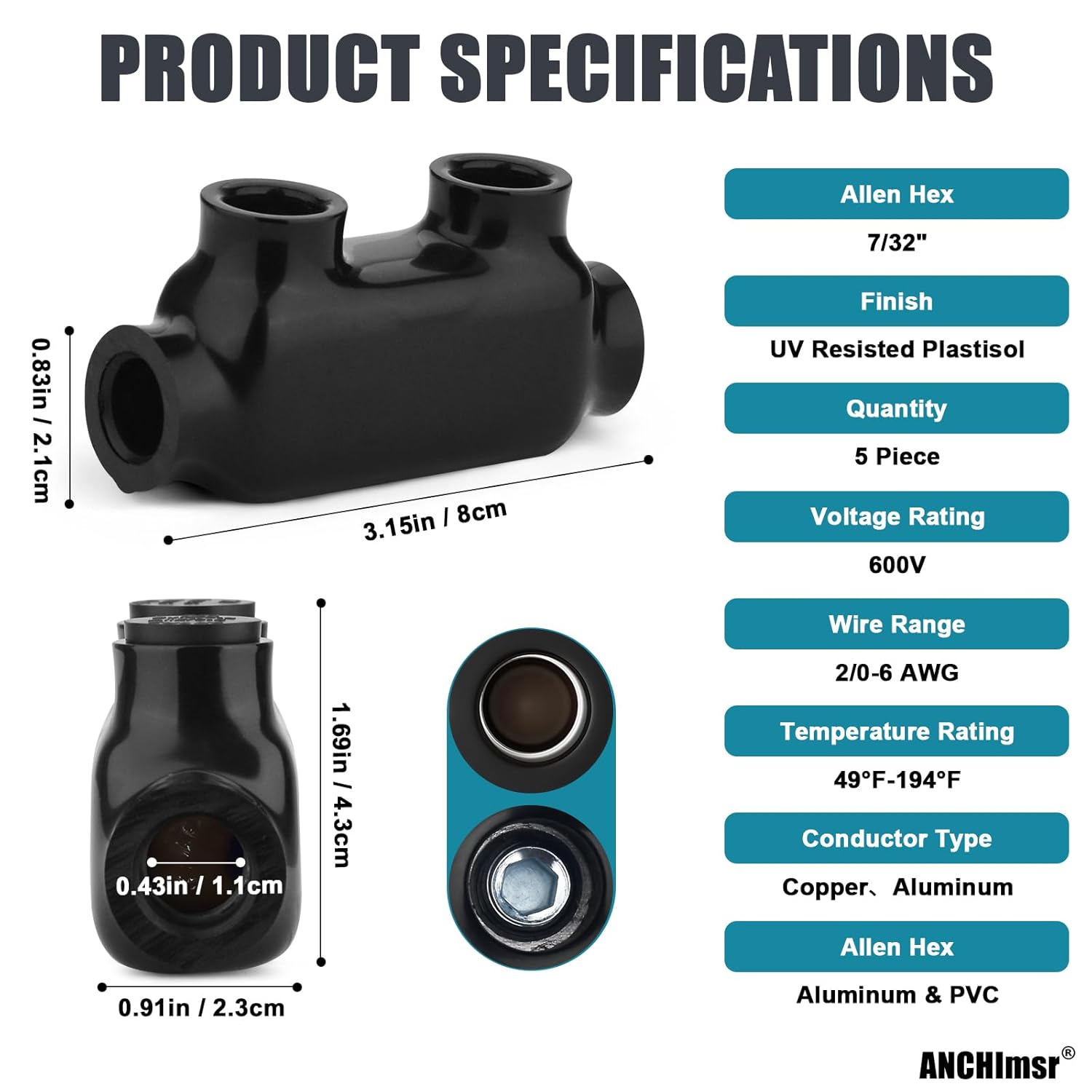 Insulated Inline Splice Connector, 2/0-6 AWG, Aluminum to Copper Wire Connectors, Dual Sided Entry Cable Splicers, 7/32" Slotted Allen Hex Insulated Cable Connectors (5 Pack)