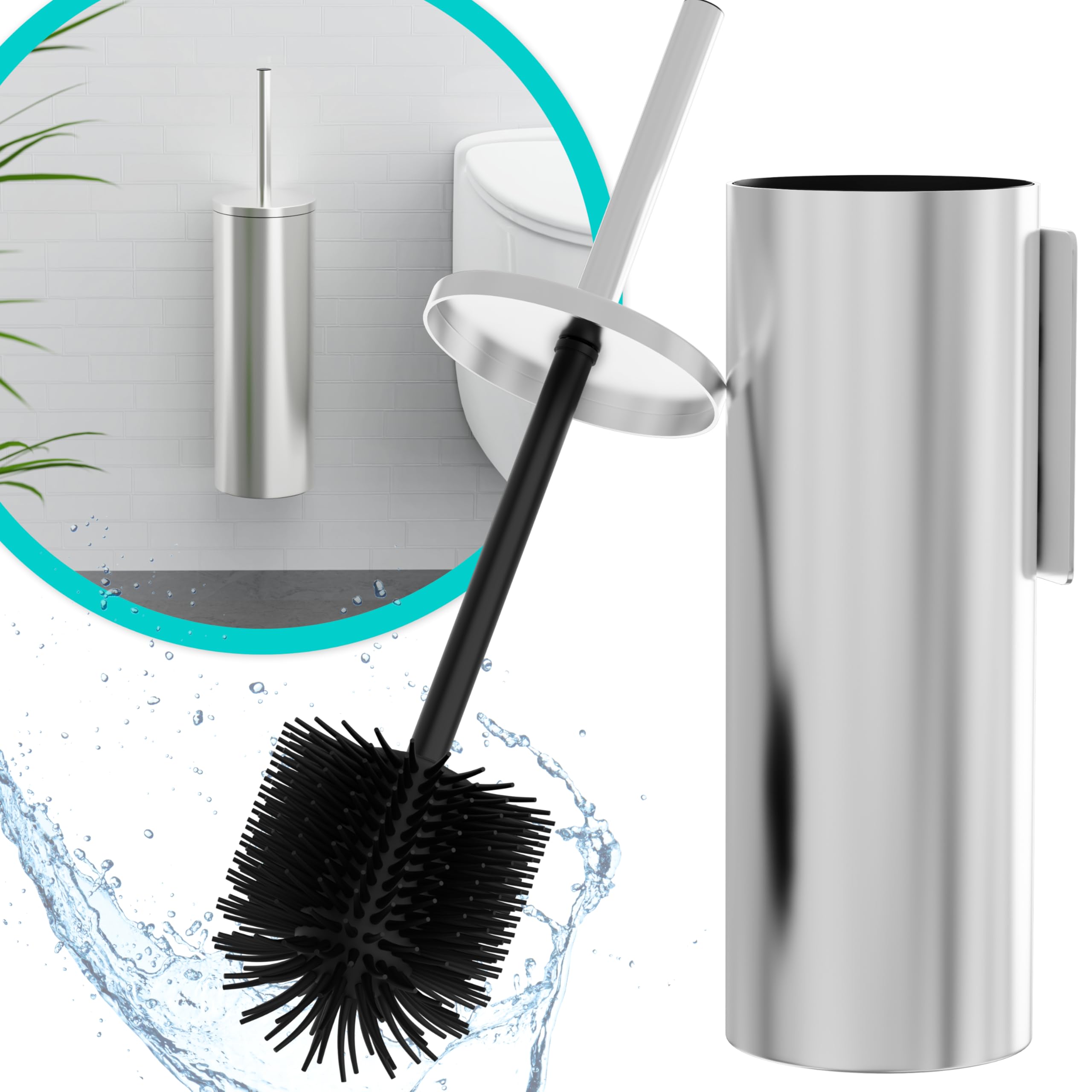 Scopino WC Sospeso - Scopino Silicone e Metallo - Nessuna Foratura - Montaggio a Parete con Adesivo o Vite - Acciaio Inox 304 - Porta Scopino Bagno WC - WC3611