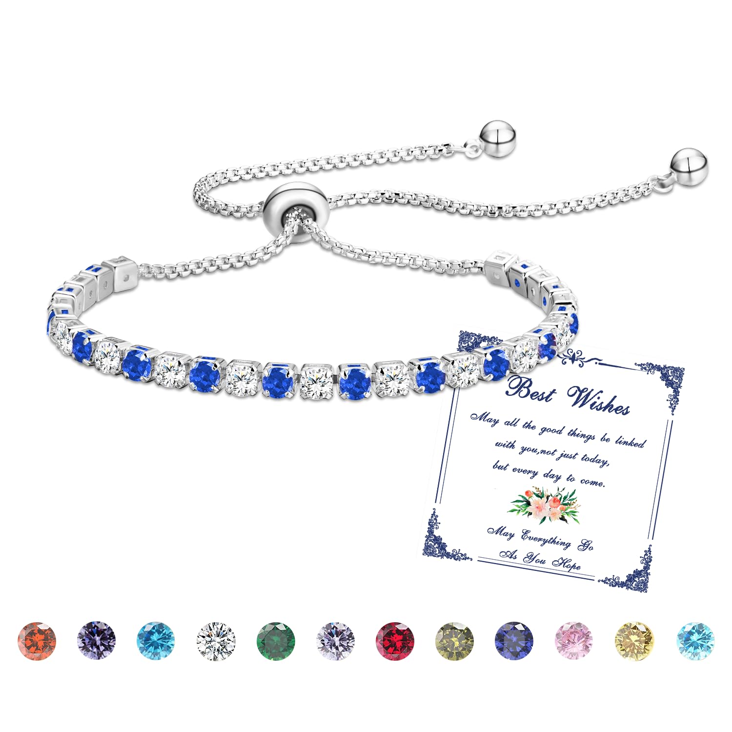 Esmoly Bracciale Donna Argento Bracciale Tennis con 12 Colori di Pietre Natali e 5A Sparkle Zircone Regolabile Regalo Compleanno Donna Ragazza