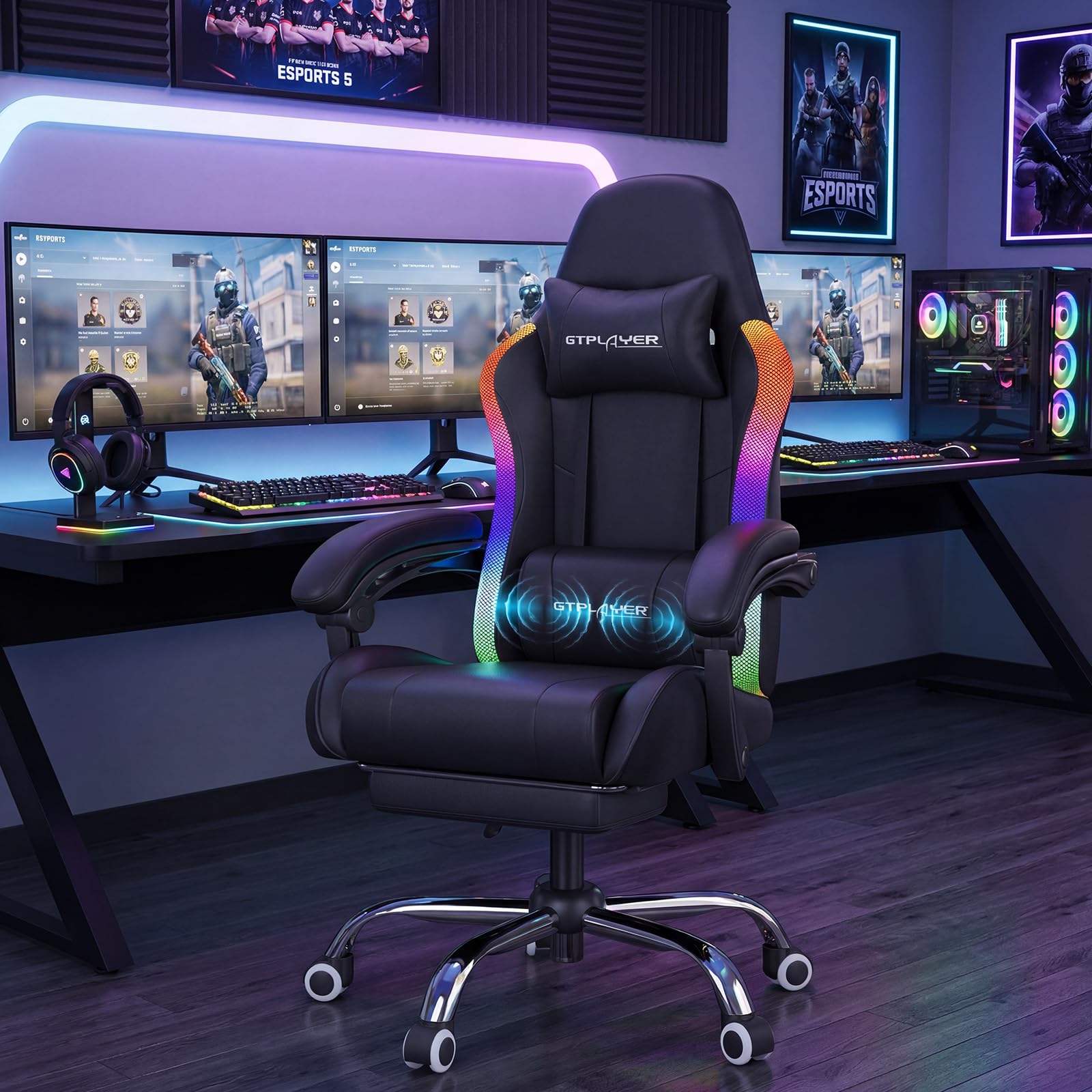 GTPLAYER Sedia da gaming, da ufficio, con barra luminosa a LED e funzione di massaggio, schienale con custodia, ergonomica, per PC con telecomando