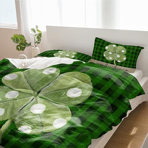Miniatura 5 de WARM TOUR Juego de funda de edredón Queen de 3 piezas con diseño de trébol del día de San Patricio, fundas de edredón suaves y lavadas a cuadros