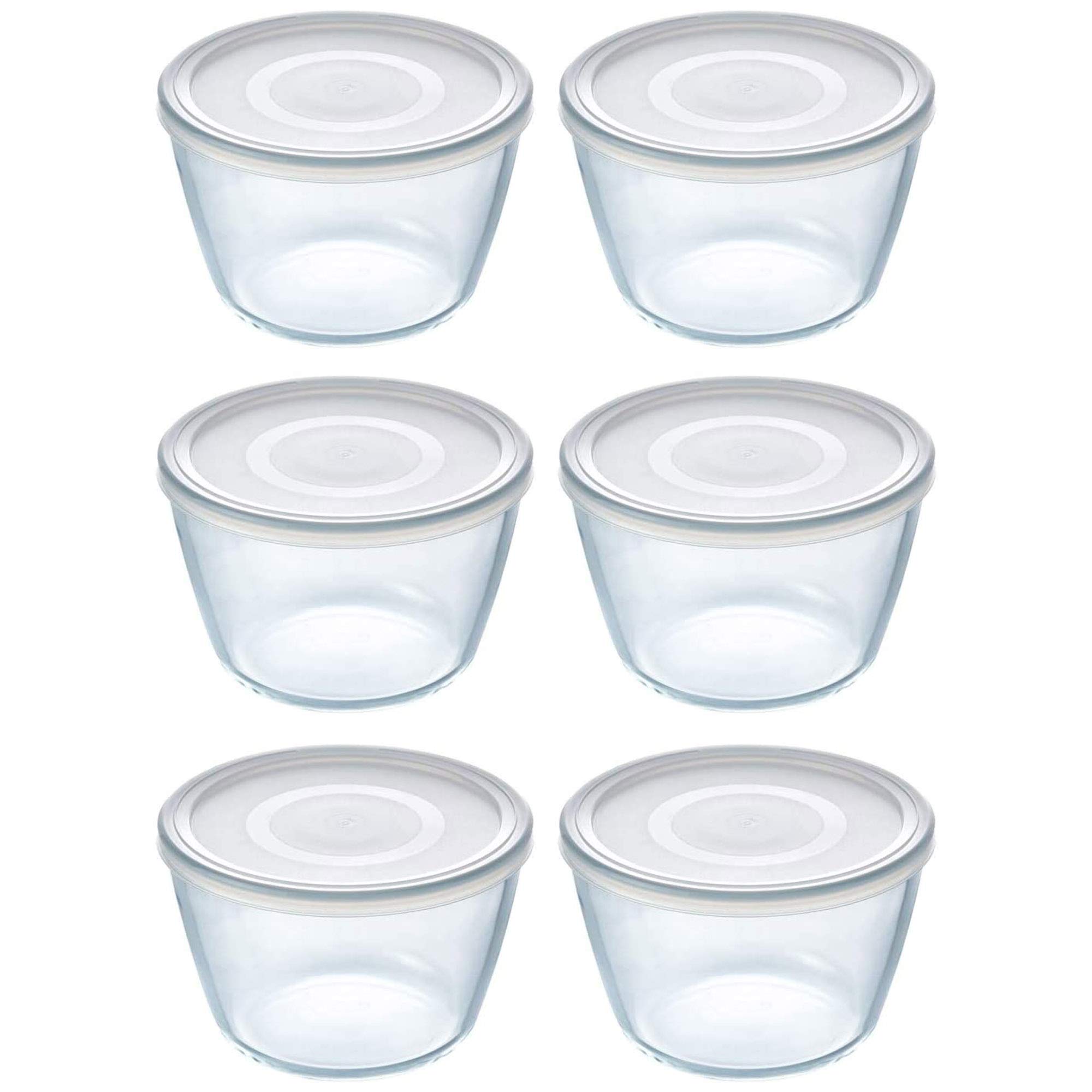 Pyrex Microwave Safe Classic Round Glass Dish with Plastic Lid 0.6 Litre White (Pack of 6)