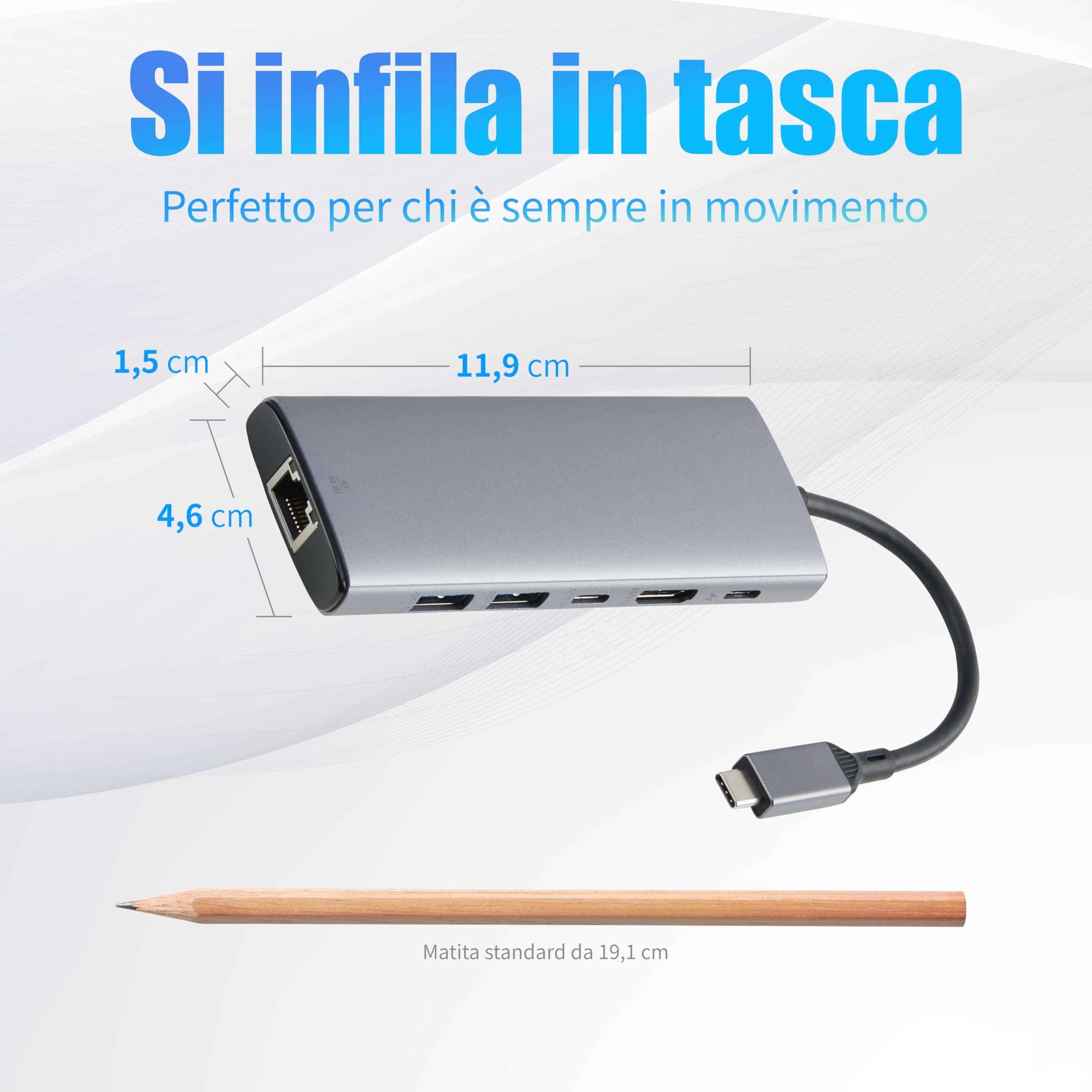 Amazon Basics 6-in-1 USB-C 3.2 (10G) Hub, 1 USB-C 100W PD Input, 2 USB-A, 1 USB-C, HDMI 4K, Ethernet, Grigio Chiaro, 11.94 x 4.6 x 1.5cm