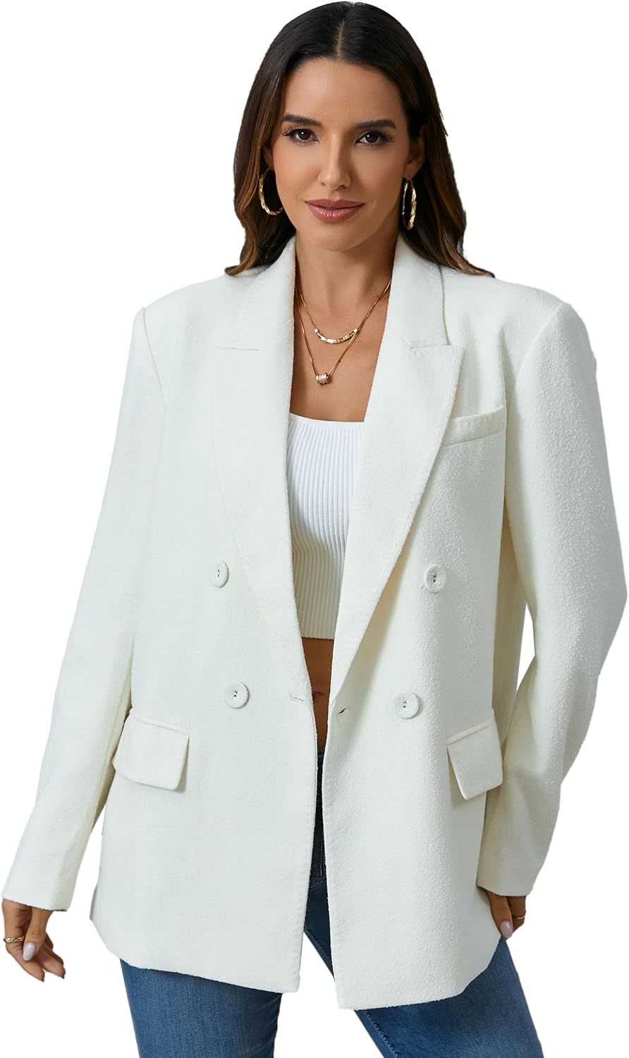 Women's Oversized Double-Breasted Suit Blazer Jacket Top Stitch Long Sleeve Casual Work Office Blazer with Pockets