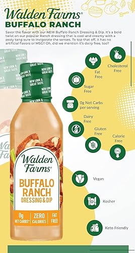 Vista 9 de Walden Farms Buffalo Ranch - Aderezo y salsa – Sin calorías, sin gluten, bajo en carbohidratos, apto para dieta cetogénica, sin azúcar, sin grasa