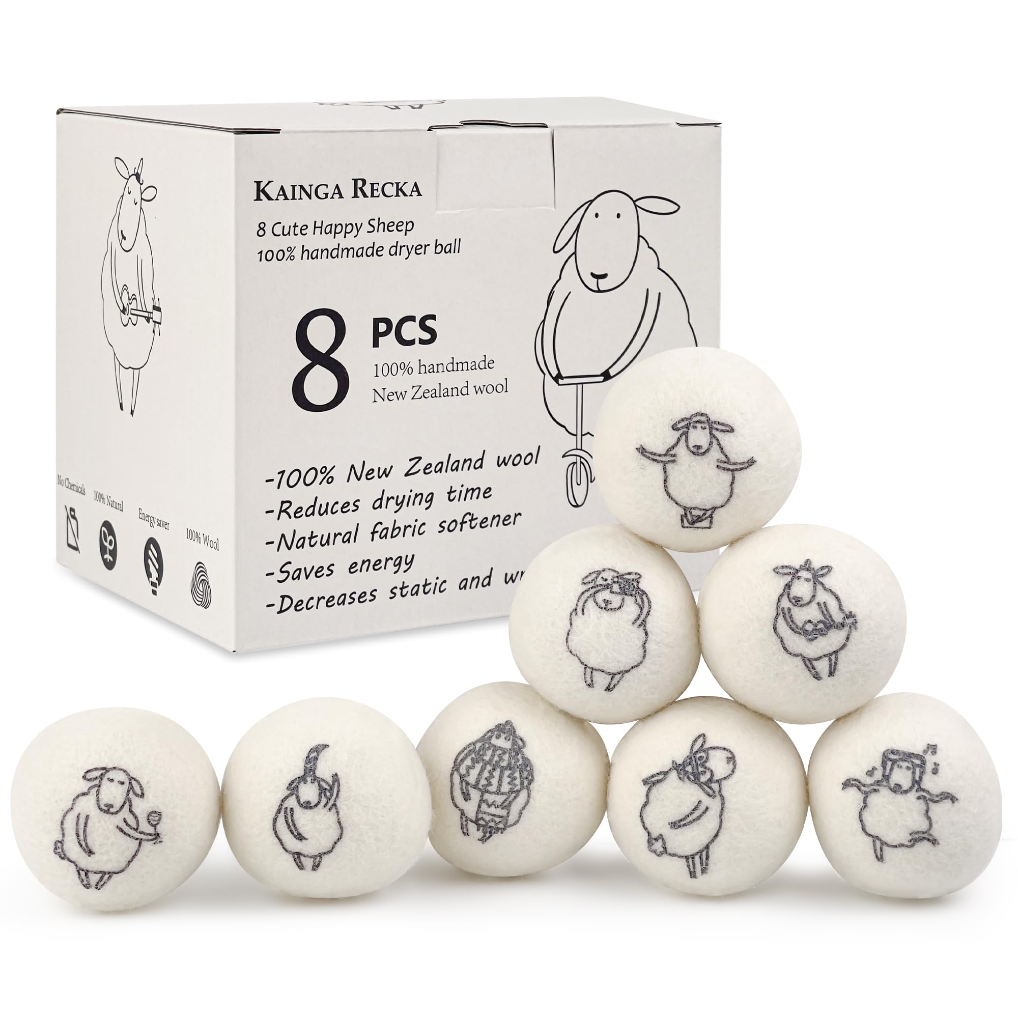 Wool Dryer Balls, 8PCS Dryer Balls with Happy Sheep - Natural & Organic, 100% New Zealand Wool Handmade, Chemical-Free Reusable Laundry Balls,