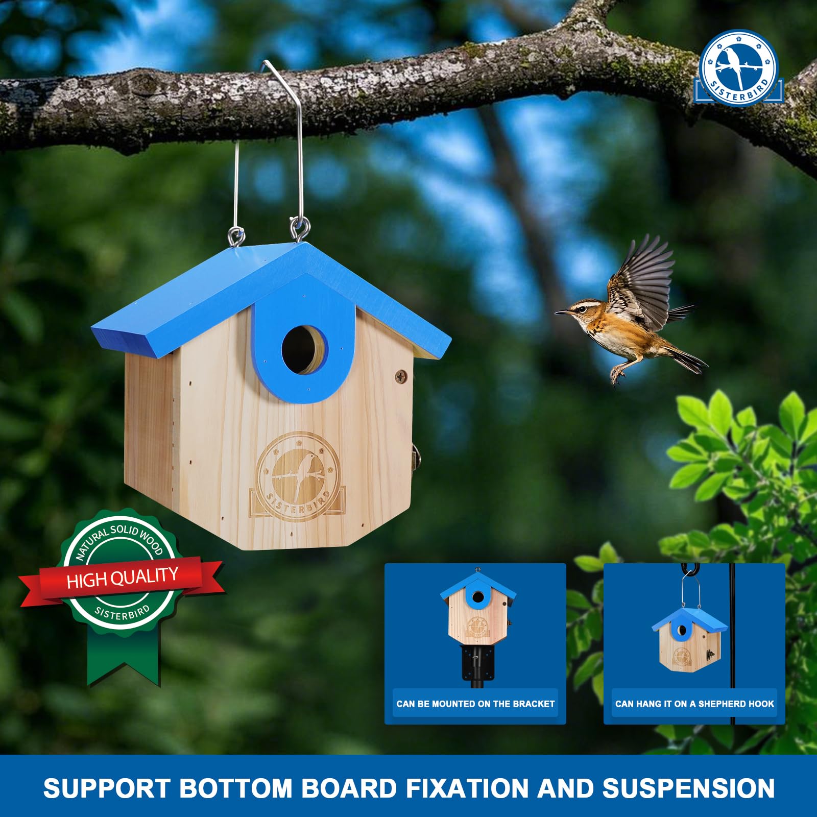 SISTERBIRD- Casas para pájaros WREN para Exteriores Casas para pájaros Colgantes de Cedro para Exteriores Casas para pájaros con Orificio de Entrada de 1-1/8 para Espacio Libre Exterior Caja Nido de