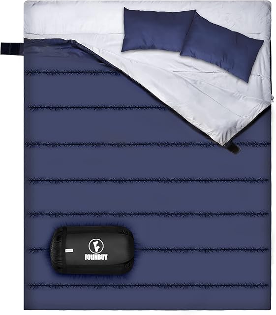Forinbuy Double Sleeping Bags for Adults 3 Season Sleeping Bag Waterproof Compact Two Single Lightweight Envelope Sleeping Bags with Two Camping Pillows for Adults Queen Size 230x150cm 190T Liner