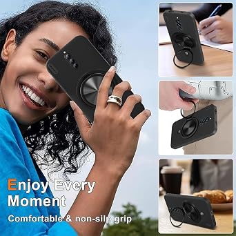 Nubia Red Magic 8 Pro Case with Glass Screen Protector, 360 Rotatable Ring Holder Kickstand Silicone Protective Cover - Black