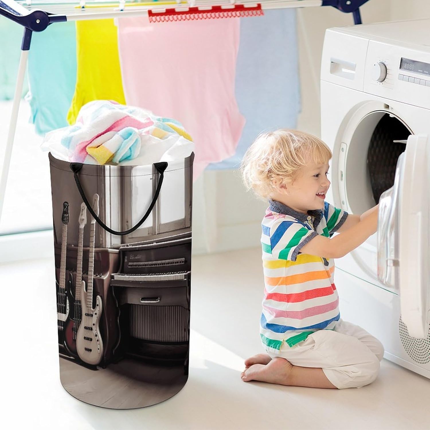 Guitar Bass Music Musical Instruments Laundry Hamper with Handles Waterproof Collapsible Laundry Basket Large Lightweight Round Dirty Clothes Hamper for Home Dorm Bathroom Decor
