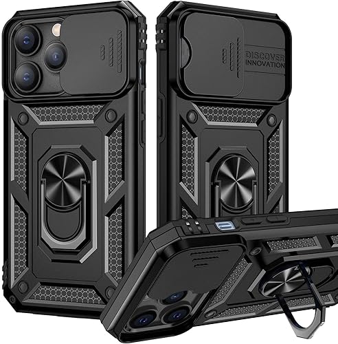 Goton Armor - Funda para iPhone 13 Pro con cubierta deslizante para cámara y soporte, funda resistente de protección de grado militar, soporte de